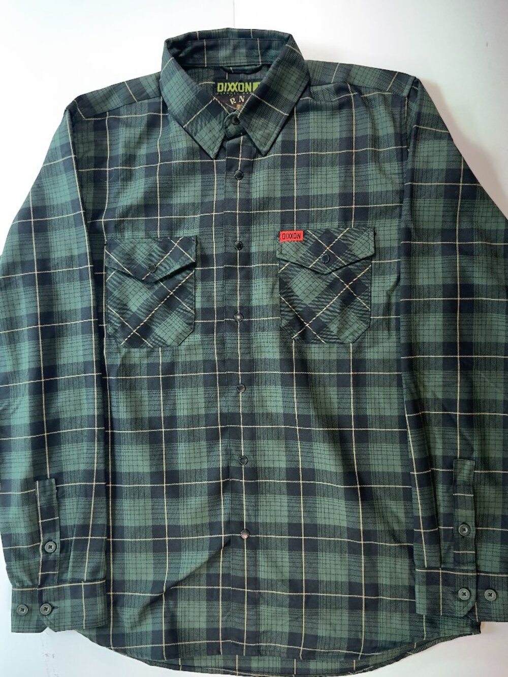 Dixxon Flannel Shirt Mens L Green Plaid The Ornament Long Sleeve Snap Skull EUC